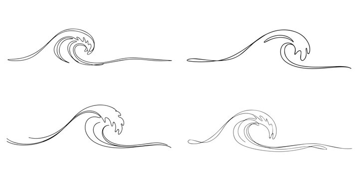 Sea waves set in one line drawing art. Abstract wave continuous line. Water wave ripple line minimalist art, Modern minimal sea wave one line drawing abstract ocean line art illustration, Summer pro.