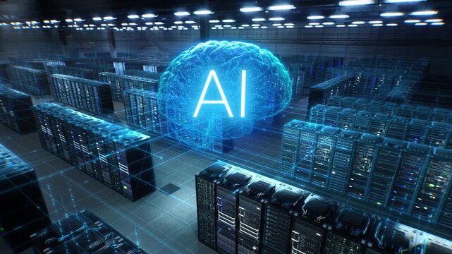 Server Racks and Gpu Clusters Merge With AI Brain, Activating Cloud Compute for Code Programming, Test Automation, App Scaling and Cybersecurity. High-angle Tracking Shot.