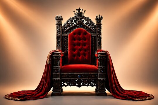 Ornate black and red gothic throne chair with crown finial in dramatic lighting