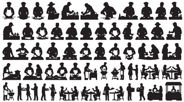 Comprehensive set of black silhouette figures in diverse culinary poses such as chefs cooking, kneading dough, grilling, gardening, serving plates, and dining at tables professional detailed.