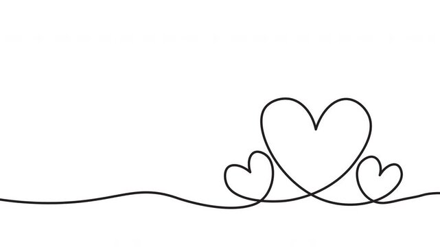 Continuous one line drawing animation of three hearts on transparent background representing love, family, romance day concept.