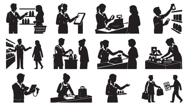 Comprehensive black silhouette set of retail workers and customer service staff in diverse poses such as assisting shoppers, stocking shelves, operating cash registers, and inventory management icons