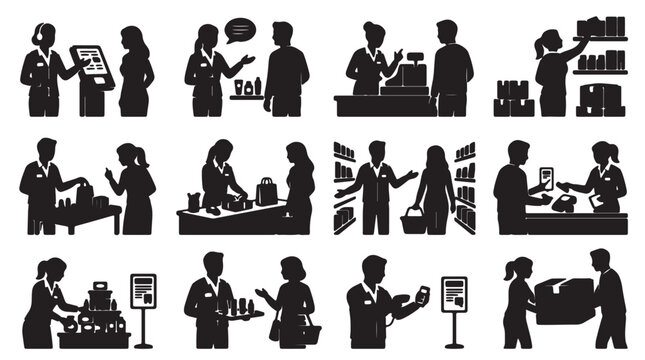 Comprehensive black silhouette set of retail staff and customers in diverse shopping interactions such as scanning products, stocking shelves, using kiosks, gift wrapping