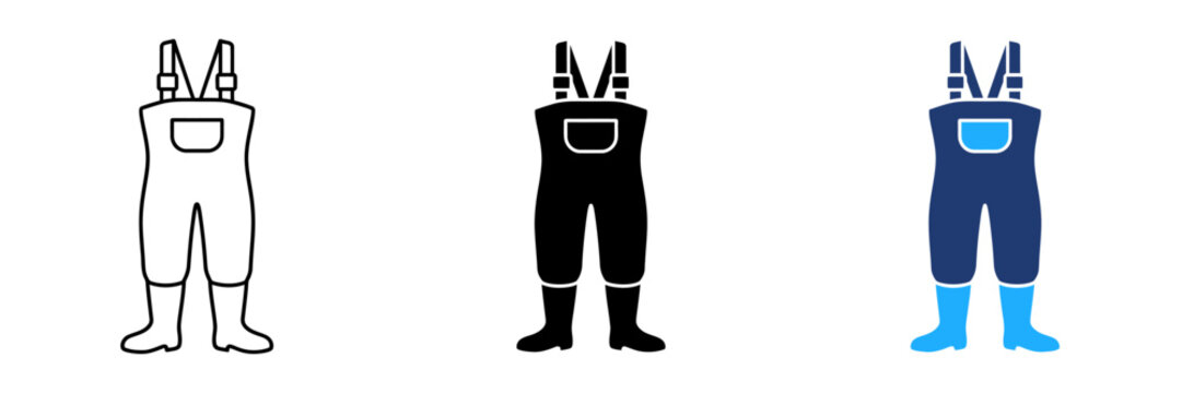 Fishing waders vector icon set with bib overalls and waterproof boots. Representing outdoor gear, angling equipment, and protective workwear