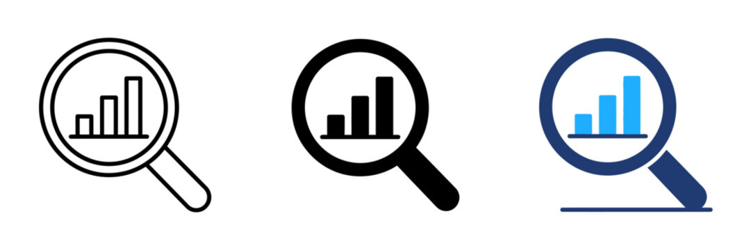 Data analysis vector icon set featuring magnifying glass and bar chart. Representing market research, financial auditing, and business growth insights