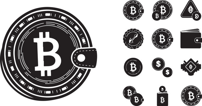 Bitcoin cryptocurrency and digital wallet icon set