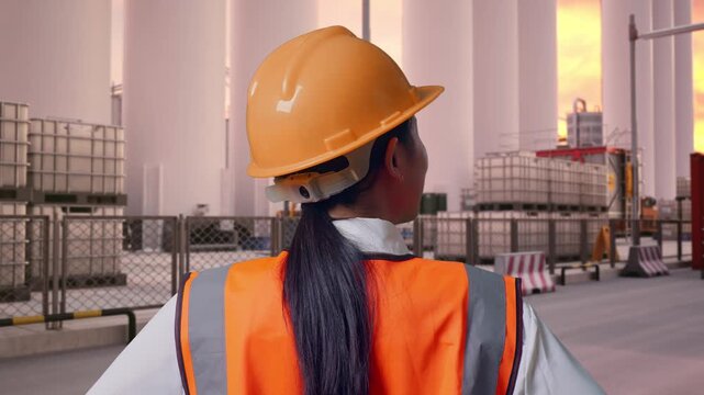 Close Up Back View Of A Female Engineer Wearing Safety Helmet Looking Around While Standing With Arms Akimbo at Storage Facility with IBC Totes, Large Silos at Sunset