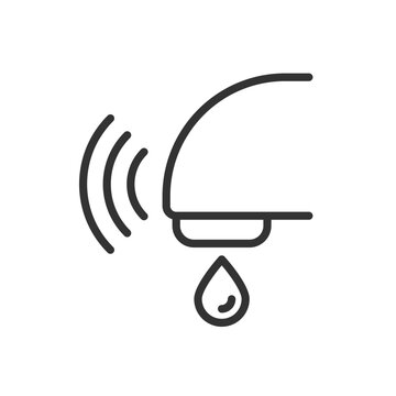 Automatic sensor faucet pixel perfect linear icon. Contactless technology in toilet room. Sanitary and hygiene improvement. Thin line illustration. Contour symbol. Vector outline drawing