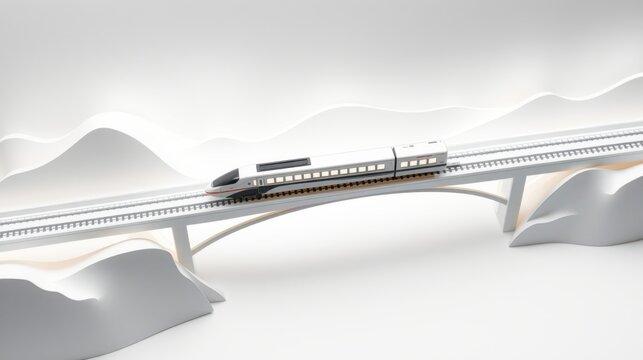 Modern highspeed train travels over elevated bridge. Minimalist design, white background suggests futuristic transport concept. Clean lines, smooth curves.