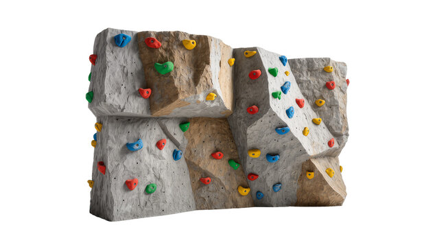 Isolated indoor rock climbing wall section with colorful hand and foot holds for training