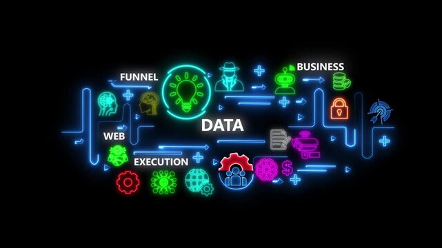 Neon digital data analytics infographic concept for business strategy