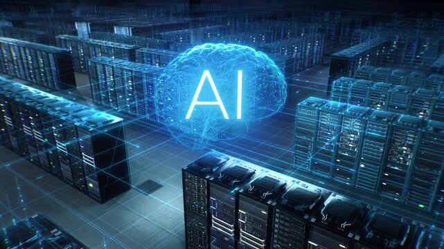 Data Center Racks and Gpu Fabric Fuse With a Glowing AI Brain, Enabling Model Training, Code Programming, Ci Pipelines, App Deployment in a High-angle WIde Shot Across Racks.