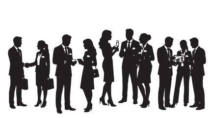Naklejka premium Comprehensive set of black silhouettes depicting professional business networking interactions including handshakes, exchanging cards, social drinking, and tablet presentations modern elegant.