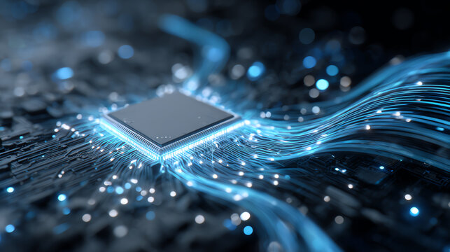 High-tech microprocessor with glowing circuits, representing innovation and advancement in computing technology.