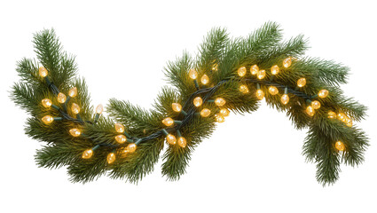 Isolated lush artificial pine Christmas garland with glowing string lights, festive winter decor © Francisco