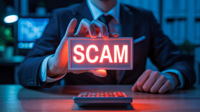 A businessman holding a red scam sign as a fraud alert near a calculator on a wooden table