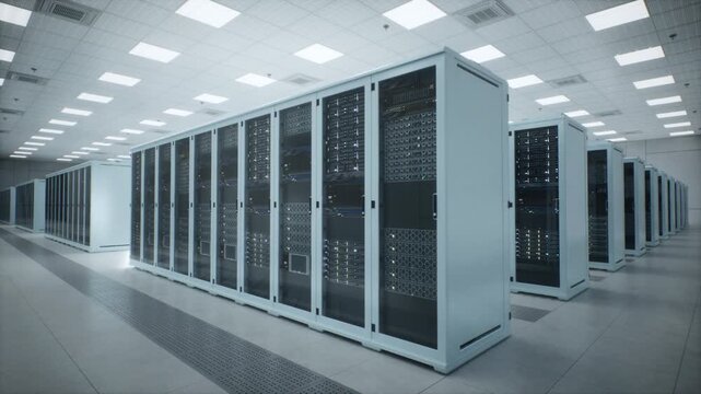 White Data Center Racks With Doors Blink With Leds, Routing Compute, Storage and Network Workloads for AI Inference, Cloud Apps, Analytics and Research. Slow Dolly-out, Low-angle Wide Shot.