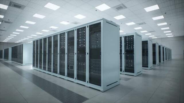 Newly Built White Glass-doored Server Racks Activate as Status Leds Flicker On, Making the Data Center Live for AI Training, Cloud Apps, Genomics and Research. Slow Low-angle Wide Lateral Dolly.