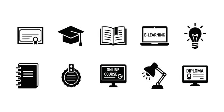 Education icon set including graduation cap, diploma, book and e-learning symbols, white background