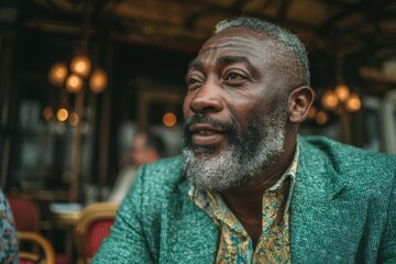 Fototapeta premium beautiful man is sitting at table in restaurant. he's talking or giving interview. he's well dressed. pleasant lively atmosphere around. photo conveys business conversation or meeting of friends