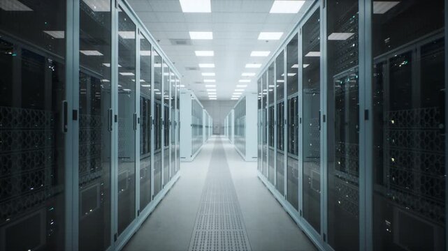 White Data Center Warehouse Server Racks Process, Store and Route Compute, Network and Backup Workloads for AI Training, Cloud Apps, Analytics and Research Databases. Forward Dolly, Low-angle Shot