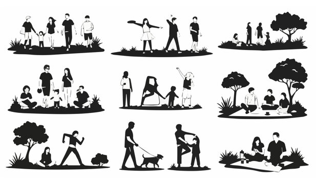 Silhouettes of people relaxing in public park performing outdoor activities like picnic walking dog and exercising