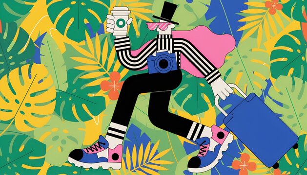Stylized person in striped outfit posing against tropical leaf background