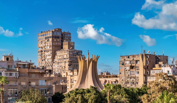 View of the All Saints' Cathedral Cairo Egypt, apartment blocks in the background