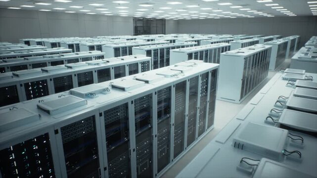 Elevated Flyover Glides Above Endless White Server Racks in a Bright Clean-room Data Center, Revealing Pulsing Status Lights, Cooling Modules and Hyperscale Operations in Crisp Overhead Light.