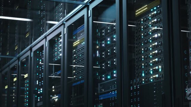 Enterprise Data Center Racks Run Virtualization, Routing and Distributed Storage in a Warehouse for AI Inference, Ecommerce, Medical Imaging and Research Platforms. Smooth Dolly Slide, Low-angle