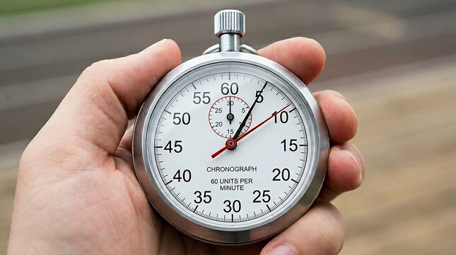 Hand holding analog stopwatch on a track