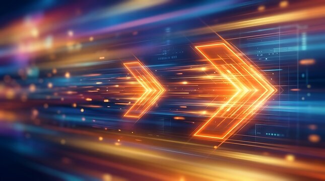 Glowing orange arrows on a futuristic background with motion blur effect