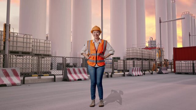 Full Body Of Asian Female Engineer Wearing Safety Helmet Looking At Camera While Standing With Arms Akimbo at Storage Facility with IBC Totes, Large Silos at Sunset