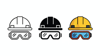 Fototapeta premium Three industrial safety equipments with helmets and goggles are shown
