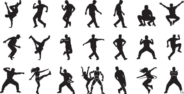 20 Hip-Hop Dance Silhouette Icons - Urban Street Energy & Breakdance Vector Set.