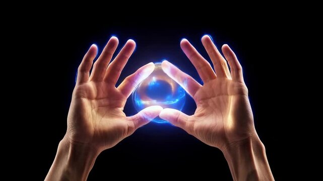 Hands conjure blue energy orb as magic light glows between palms
