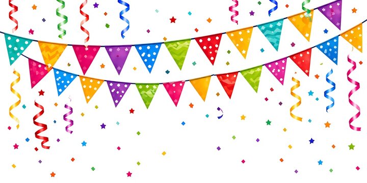 Colorful triangular paper pennant banner with multicolored confetti scattering on white background