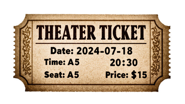 Isolated vintage theater ticket for entertainment event performance with date and price