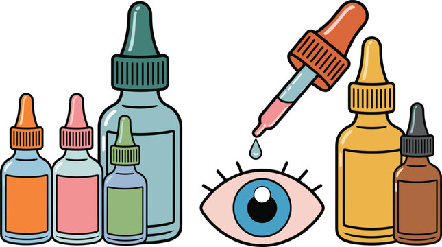 Eye drop illustration showing medical bottles and eye care treatment design variations for healthcare use