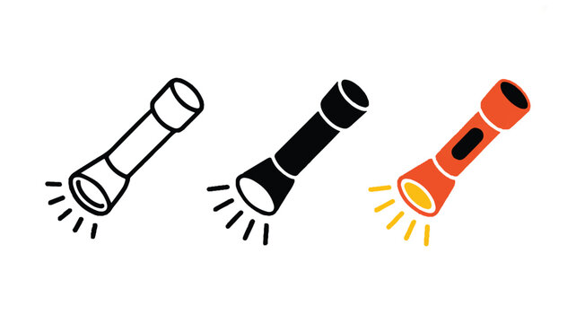 Three minimalistic illustrations of flashlights shining in different directions indoors
