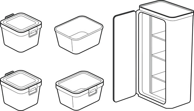 Food storage container and refrigerator illustration showing kitchen organization and preservation designs