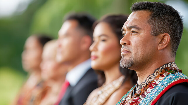 Traditional Maori ceremony features individuals in cultural attire, showcasing pride and heritage. atmosphere is respectful and ceremonial