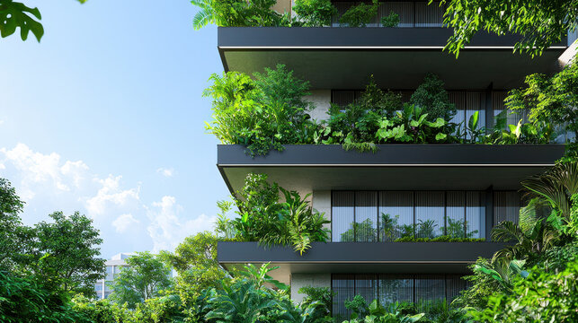 Sustainable architecture featuring green plants on balconies, showcasing eco friendly design and urban nature integration