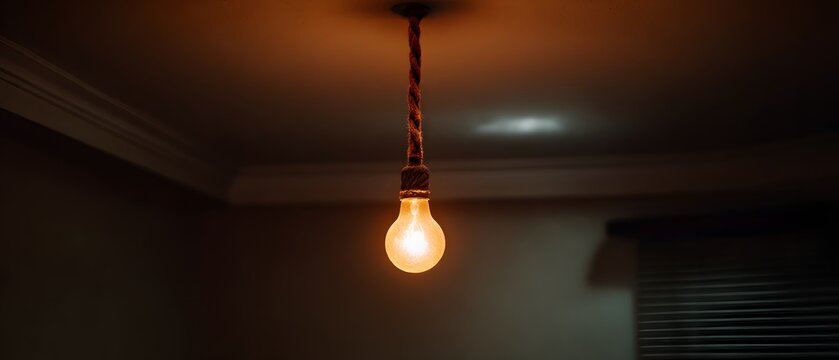 Vintage incandescent light bulb hanging from twisted rope on ceiling.