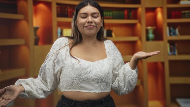 Woman presenting open palm and pointing finger toward empty hand in library shelves wearing white blouse; welcoming greeting.