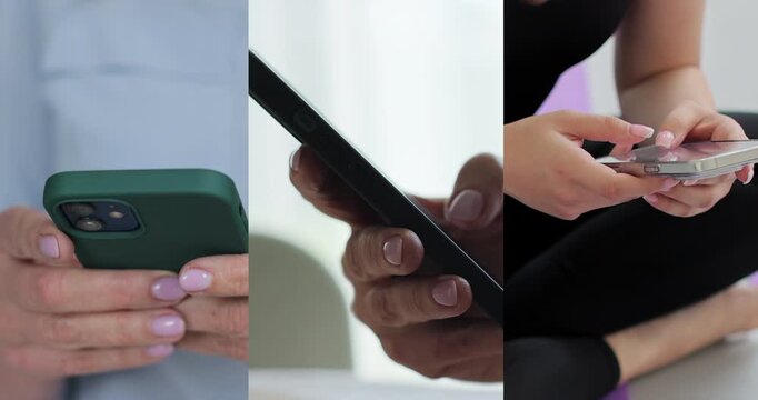 Multiscreen on people using smartphone in everyday life. People using the mobile phone. No-mobile-phone phobia. Multiscreen footage. Split screen variation.