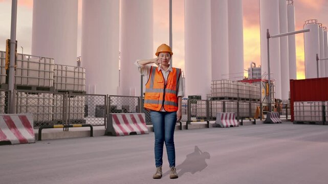 Full Body Of Asian Female Engineer With Safety Helmet Showing Thumbs Down Gesture And Shaking Her Head While Standing at Storage Facility with IBC Totes, Large Silos at Sunset