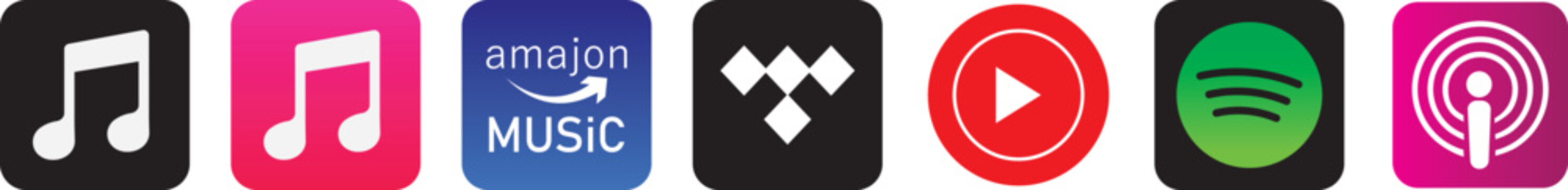 Apple Music logo icon set for 2026, featuring professional vector symbols.radio, Shazam, Amazon, Apple. Music streaming service, social media platform collection
