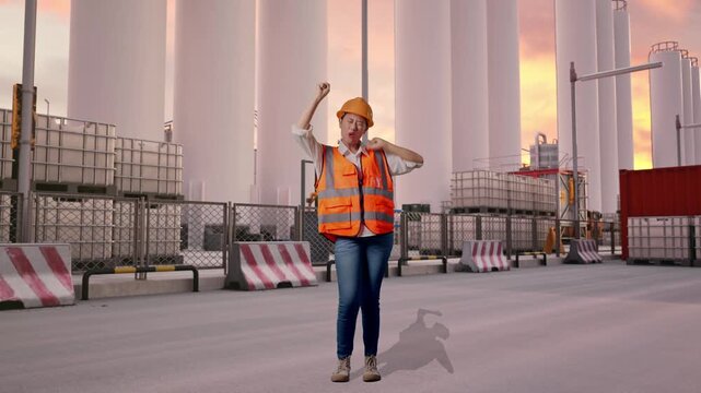 Full Body Of Asian Female Engineer With Safety Helmet Screaming Goal And Dancing Celebrating at Storage Facility with IBC Totes, Large Silos at Sunset