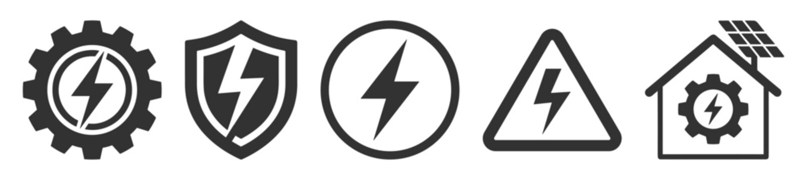 Electricity and power vector icons, lightning warning, protection shield and renewable energy symbols on transparent background